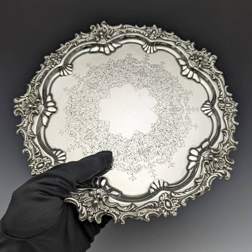 1899年 英国アンティーク 純銀製サルヴァ カードトレイ 直径21.5cm 400g Barker Bros